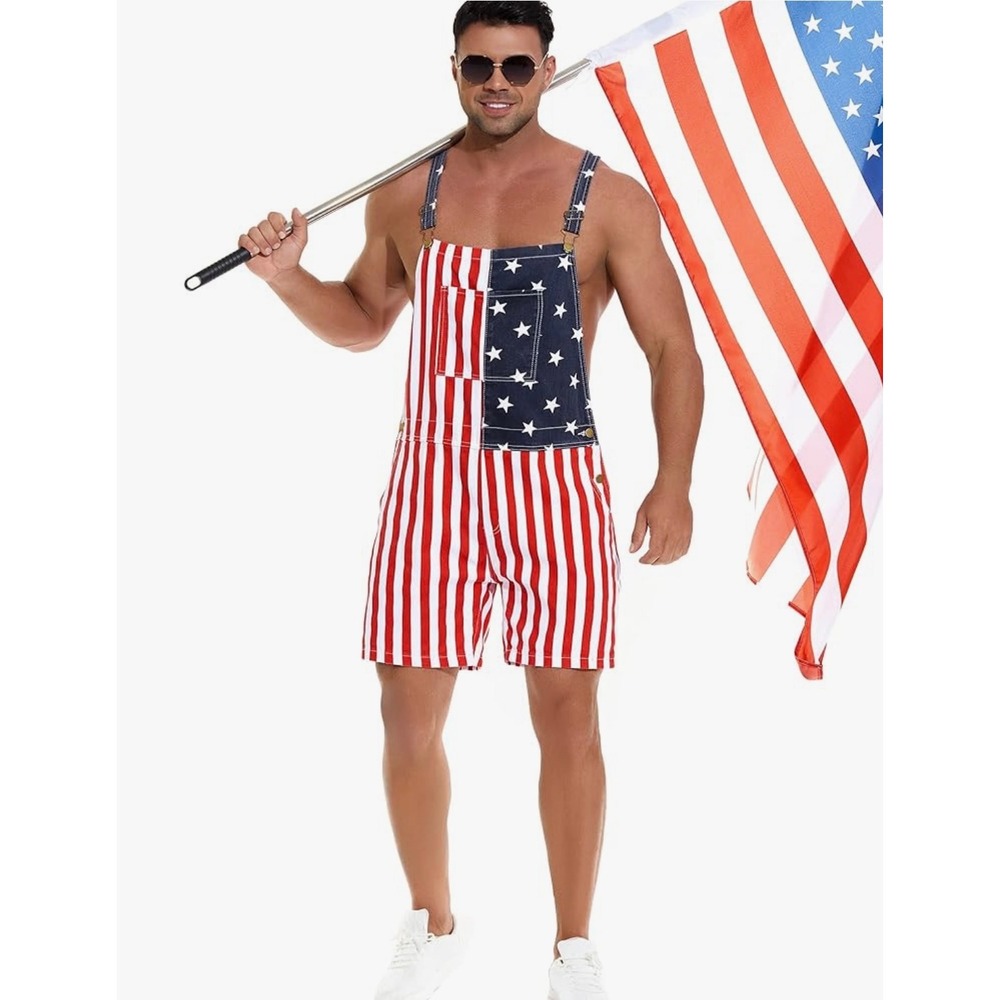 NEW American Patriotic Overalls‎ Shorts Red White Blue Fourth of July Size XXL